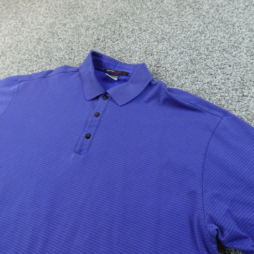 Nike Tiger Woods Polo Shirt Mens L Blue Stripe Golf FIT‎ DRY Performance Top Y2K